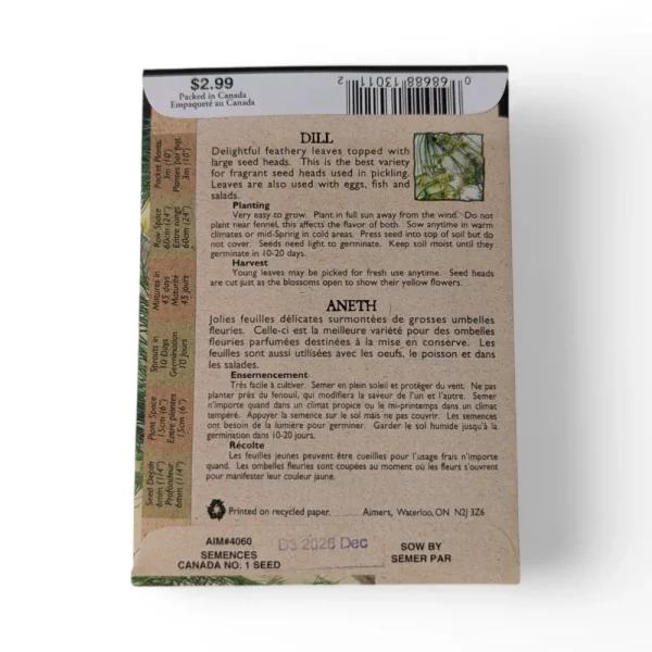 Barkway Farms - Organic Dill Seeds Back Information