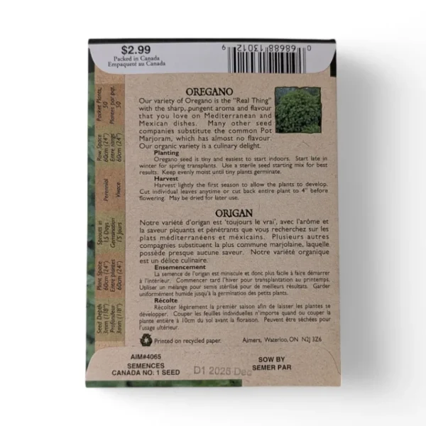 Barkway Farms - Organic Oregano Seeds Back Information