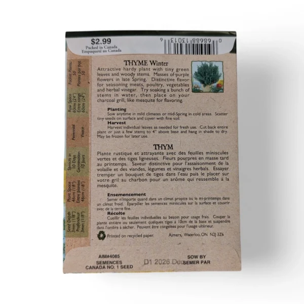 Barkway Farms - Organic Thyme Seeds Back Information