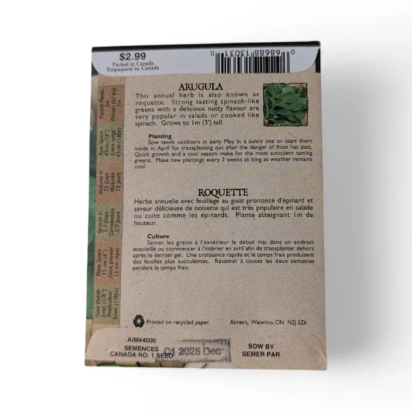Barkway Farms - Organic Arugula Seeds Back Information