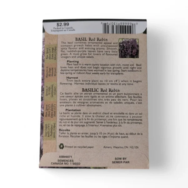 Barkway Farms - Organic Red Rubin Basil Seeds Back Information