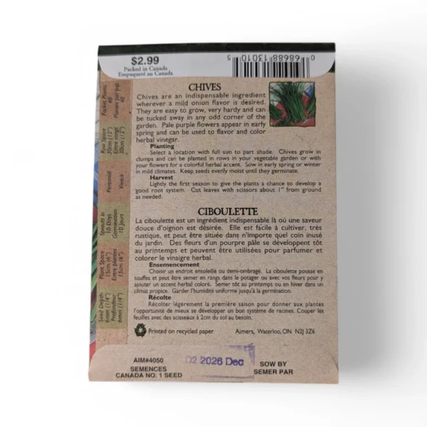 Barkway Farms - Organic Chives Seeds Back Information
