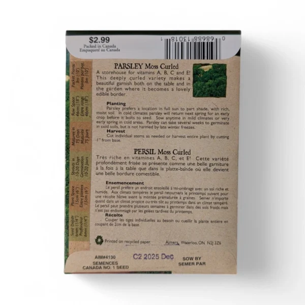 Barkway Farms - Organic Parsley Moss Curled Seeds Back Information