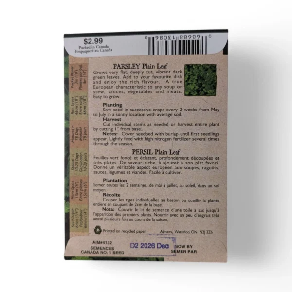 Barkway Farms - Organic Parsley Plain Leaf Seeds Back Information