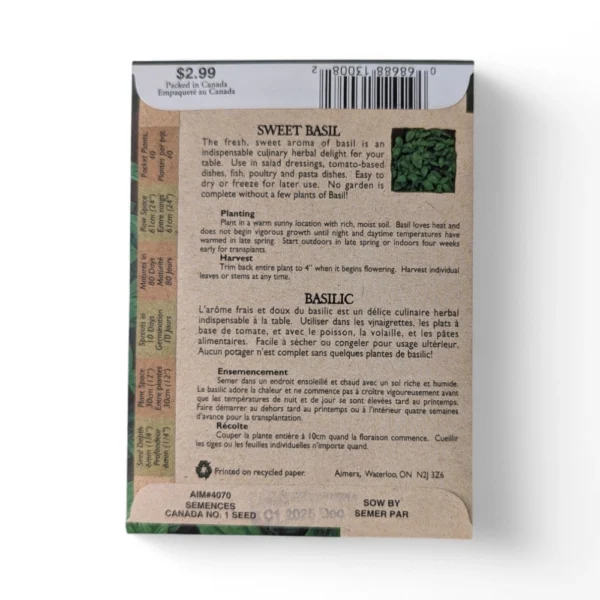Barkway Farms - Organic Sweet Basil Seeds Back Information