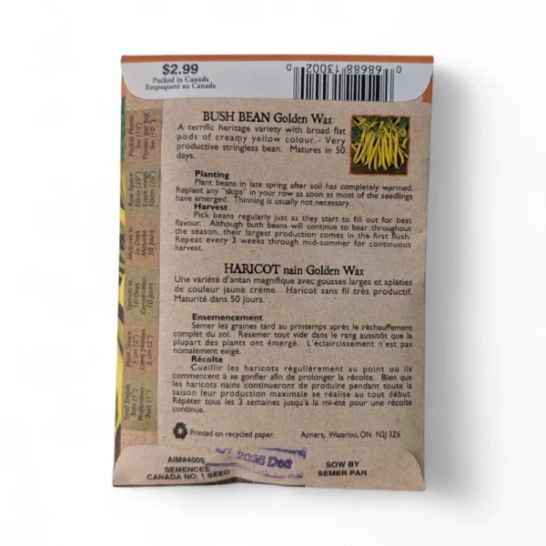 Barkway Farms - Organic Beans Golden Wax Seeds Back Information